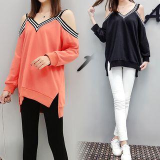 Off Shoulder Contrast-trim Sweatshirt
