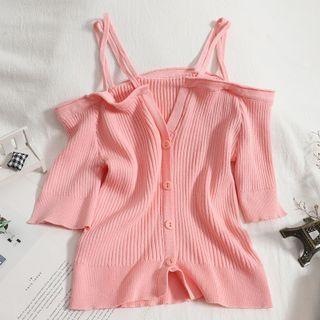Short-sleeve Cold Shoulder Knit Top Pink - One Size