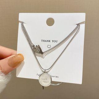 Lettering Pendant Layered Stainless Steel Necklace X768 - 1 Pc - Silver - One Size