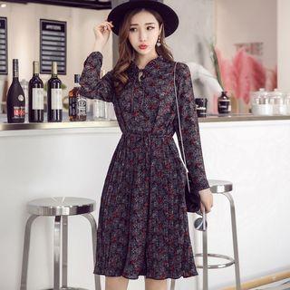 Tie Neck Floral Pleated Midi Dress