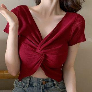 Twisted Front Plain Cropped Knit Top