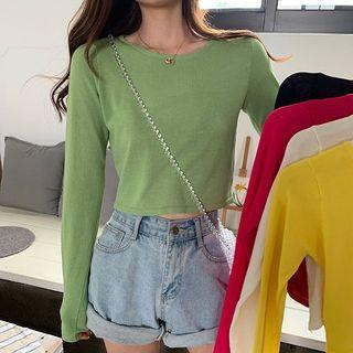 Plain Long-sleeve Crop Knit Top