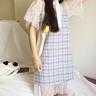 Set: Short-sleeve Lace Dress + Plaid Strappy Dress
