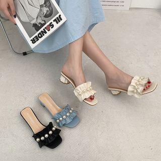 Block Heel Faux Pearl Ruffled Slide Sandals