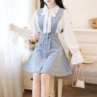 Set: Long-sleeve Frill Trim Ribbon Blouse + Sleeveless Buttoned Denim A-line Mini Dress