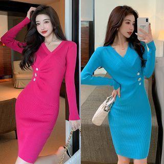 Long-sleeve V-neck Wrap Knit Sheath Dress