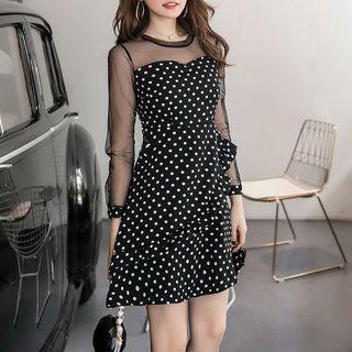 3/4-sleeve Mesh Panel Dotted Mini A-line Dress