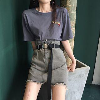 Short-sleeve Embroidered T-shirt / High-waist Denim Skort