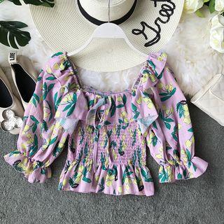 3/4-sleeve Cherry Print Ruffled Chiffon Cropped Top