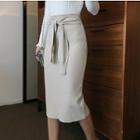 Tie-waist Slit-back Midi Knit Skirt