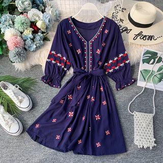 V-neck Embroidered Elbow-sleeve Dress With Sash