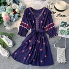 V-neck Embroidered Elbow-sleeve Dress With Sash