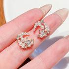 Moon & Star Rhinestone Faux Pearl Earring 01# - 1 Pair - White & Gold - One Size
