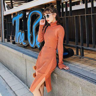 Mock Neck Long-sleeve Knit Midi Dress