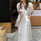 Puff-sleeve Plain Shirt Dress White - One Size