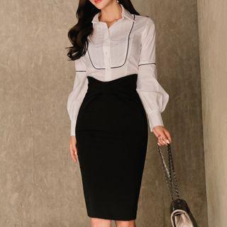 Set: Lantern-sleeve Shirt + Sheath Skirt