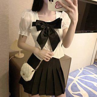 Set: Puff-sleeve Bow Cropped Blouse + Pleated Mini A-line Skirt