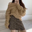 Cable Knit Sweater / Leopard Print Mini Fitted Skirt