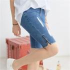 Zip-detail Distressed Slim-fit Denim Shorts
