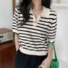 Elbow-sleeve Collared Striped Knit Top Stripes - Black & White - One Size