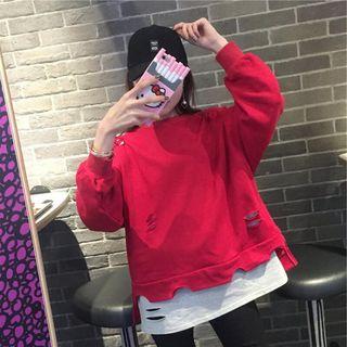Color-block Mock-two Distressed Loose-fit Pullover