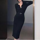 Long-sleeve Henley Midi Bodycon Dress Black - One Size