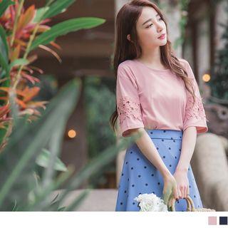 Elbow-sleeve Lace Applique Top