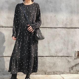 Long-sleeve Polka Dot Midi A-line Chiffon Dress