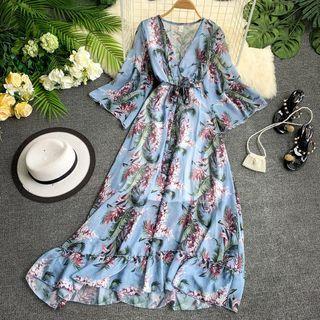 Bell-sleeve Printed Midi A-line Dress