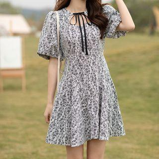 Puff-sleeve Floral Lace Mini A-line Dress