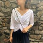 Elbow-sleeve V-neck Top White - One Size