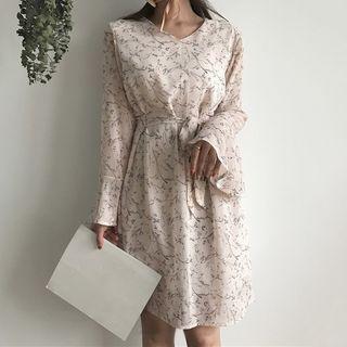 Long-sleeve Print Chiffon Dress 7007# - Pink - One Size