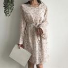 Long-sleeve Print Chiffon Dress 7007# - Pink - One Size