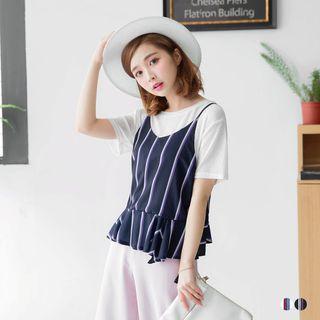 Set: Spaghetti-strap Striped Top + Short-sleeve Top