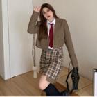 Plus Size Plain Jacket / Long-sleeve Shirt / Check Skirt / Plain Tie