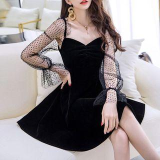 Mesh-sleeve Mini A-line Velvet Dress