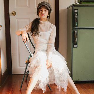 Set: Long-sleeve Mesh Top + Sequined Midi Godet Skirt