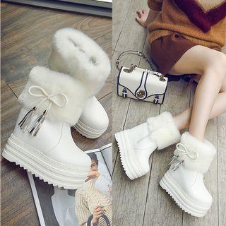 Faux Fur Trim Bow Accent Platform Hidden Wedge Short Boots