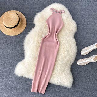 Halter-neck Faux Pearl Ribbed Midi Knit Dress