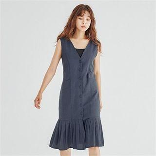 Collarless Pleated-hem Midi Vest Dress