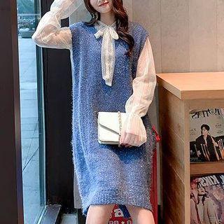 Set: Tie-neck Blouse + Sleeveless Knit Dress