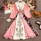 Long-sleeve Print Tie-waist Maxi A-line Dress Pink - One Size