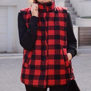 Stand Collar Gingham Padded Vest