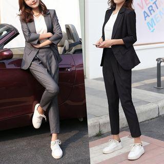 Set: Striped 3/4 Sleeve Blazer + Cropped Pants
