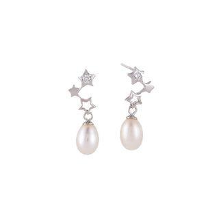 Sterling Silver Fashion Simple Star White Freshwater Pearl Stud Earrings Silver - One Size