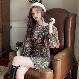 Floral Print Balloon-sleeve A-line Mini Dress As Shown In Figure - One Size