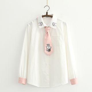Cat Printed Long-sleeve Shirt With Tie