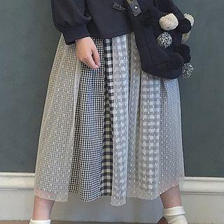 Bow Accent Pullover / Plaid Panel Midi Skirt