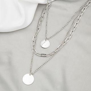 Disc Pendant Layered Necklace X667-2 - 1 Pc - Silver - One Size