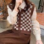 Check Single-breasted Sweater Vest / Puff-sleeve Shirt